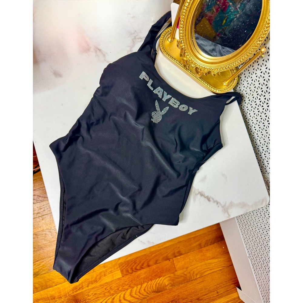 Black Playboy Rhinestone One Piece Swimsuit Bunny Logo Sexy NWT